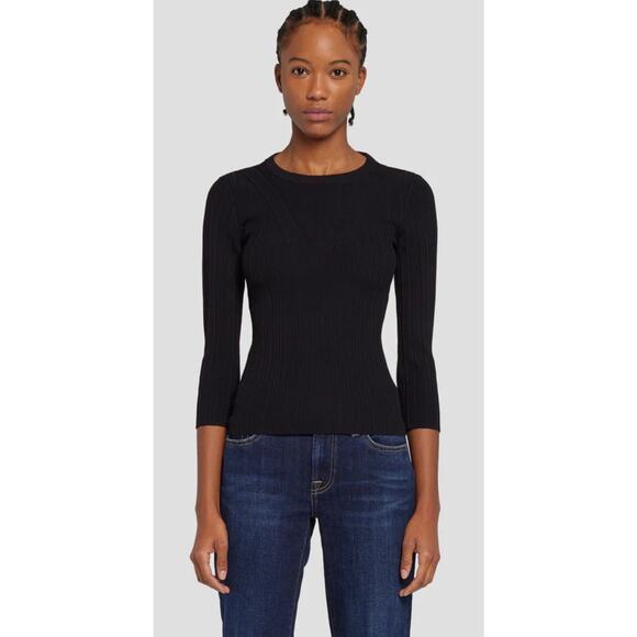 NWT 7 For All Mankind Black Open Back Knit Top Size L 3/4 Sleeve Ribbed - Picture 1 of 6